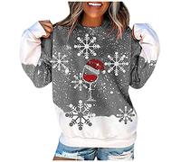 Generisch 2026 Damen Pullover mit O-Ausschnitt, Weihnachtsdruck, klassisches Langarm-Blusen-Sweatshirt (Grey, XXXL)