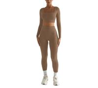 Generisch 2026 -, décontracté, uni, manches longues, col carré, deux pièces, mince, pantalon de sport de yoga pour femme, ensemble de vêtements, kaki, XXL