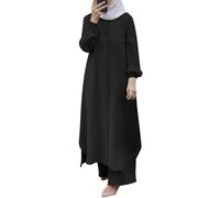 Generisch 2026 Ensemble musulman 2 pièces pour femme, chemise à boutons à manches longues, pantalon, Abaya, robe décontractée, tenues Dubaï, Noir , XL
