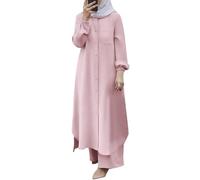 Generisch 2026 Ensemble musulman 2 pièces pour femme, chemise à boutons à manches longues, pantalon, Abaya, robe décontractée, tenues Dubaï, Rose, S