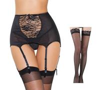 Generisch 2026 Femme Broderie Dentelle Culotte Transparente Jarretelles avec Bas, BK1., L