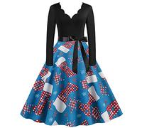 Generisch 2026 - Femmes Manches Longues Col V Noël Années 1950 Ménagère Soirée Soirée Prom Party Robe de Plage Mini Robe Femme Sexy Grandes Tailles, bleu, 3XL