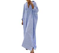 Generisch 2026 - Femmes Rayures Coton Lin Robe Chemise Décontractée Maxi Robes Robe Femme Longueur Genou Grandes Tailles, bleu, 3XL