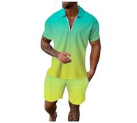 Generisch 2026 Homme Décontracté Rayé Rayé Gradient Rampe Impression Deux Pièces Fermeture Éclair Manches Courtes Haut Chemisier Cordon de Serrage Poche Ensemble Court, vert, XL