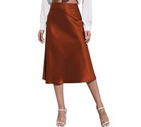 Generisch 2026 - Jupe midi taille haute pour femme, robe en satin solide, fermeture éclair, jupes d'été élégantes avec laçage sur la, marron, XS