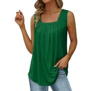 Generisch 2026 Nouveau gilet d'été ample plissé sans manches avec col carré ourlet incurvé ample grand haut pour femme, vert, L