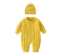 Generisch 2026 Nouveau-né Bébé Tricoté Barboteuse Coton Manches Longues Garçons Filles Pull Vêtements Bébé Épissure Combinaison Chapeau Tenues Ensemble, jaune, 12-18 mois