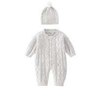 Generisch 2026 Nouveau-né Bébé Tricoté Barboteuse Coton Manches Longues Garçons Filles Pull Vêtements Bébé Épissure Combinaison Chapeau Tenues Ensemble, gris, 12-18 mois