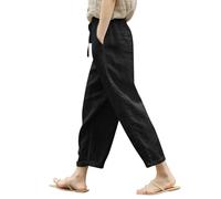 Generisch 2026 Nouveautés Pantalons Décontractés pour Femmes Coton Lin Pantalon Ample Poche Élastique Large Pantalon Littéraire Couleur Unie Décontracté Neuvième Pantalon, Noir , M
