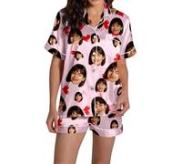 Generisch 2026 Nouveautés Pyjama Femme Satin Imprimé Floral Composé d'un Haut à Manches Courtes avec Boutonnière Shorts Confortables - Une Tenue De Sommeil Douce, Rose, XL