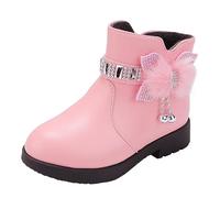 Generisch 2026 Nouvelles chaussures pour enfants, talon épais, bottes courtes, bottes chaudes en cuir, nœud bébé, chaussures mignonnes en coton, bottes chaudes, Rose, 31.5 EU