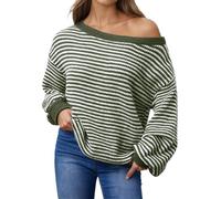 Generisch 2026 Pull d'hiver pour femme Mode d'hiver Rayé Épaules dénudées Haut tricoté ample décontracté surdimensionné Col rond Manches longues Tunique Doux Confortable Tenue d'automne, vert, M