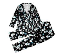 Generisch 2026 Pyjama-Set Satin-Seide mit Knopfleiste, Einfarbig, zweiteilig, passende Nachtwäsche für Die Familie, Loungewear, langärmelige Nachtwäsche Seide für Kinder, Noir (Schwarz), 5-6 ans