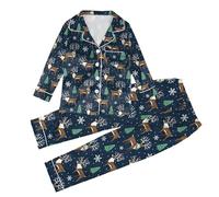 Generisch 2026 Pyjama-Set Satin-Seide mit Knopfleiste, Einfarbig, zweiteilig, passende Nachtwäsche für Die Familie, Loungewear, langärmelige Nachtwäsche Seide für Kinder, Bleu marine, 5-6 ans