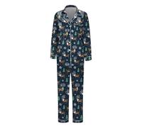 Generisch 2026 Pyjama-Set Satin-Seide mit Knopfleiste, Einfarbig, zweiteilig, passende Nachtwäsche für Die Familie, Loungewear, langärmelige Nachtwäsche Seide für Mama, Bleu marine, XL