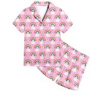 Generisch 2026 Regenbogen-Muster Kinder Jungen Mädchen Muster Gedruckt Kurzarm Button Down Pyjama Shorts Set Nachtwäsche Outfits, rose, One Size 6-7 Years