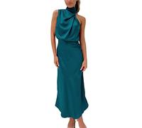 Generisch 2026 - Robe longue d'été formelle en satin pour femme - Col montant - Sans manches - Fente latérale - Robe maxi débardeur, bleu, S