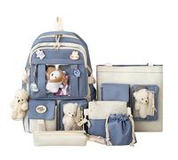 Generisch 2026 Sac à Main Femme 5 PCS École Début Saison Mode Femmes Filles Étudiant Sac d'école Toile Dessin animé Pendentif Sac à Dos Sac à Main Sac à Main Sac à Main Sac à Stylo Sac à Cordon, bleu