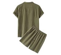 Generisch 2026 - Survêtement de printemps deux pièces pour homme, couleur unie, manches courtes, col rabattable, haut, short, pantalon, coton et lin, réflecteur gilet enfant, Vert armée., L