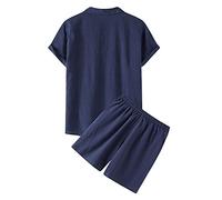 Generisch 2026 - Survêtement de printemps deux pièces pour homme, couleur unie, manches courtes, col rabattable, haut, short, pantalon, coton et lin, réflecteur gilet enfant, Marine, M