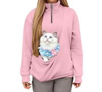 Generisch 2026 Sweat-shirt sans capuche avec fermeture éclair quart de longueur, poche et boucle pour chat, pull en polaire confortable et doux, haut décontracté, Rose, L