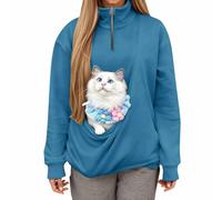 Generisch 2026 Sweat-shirt sans capuche avec fermeture éclair quart de longueur, poche et boucle pour chat, pull en polaire confortable et doux, haut décontracté, Marine, S