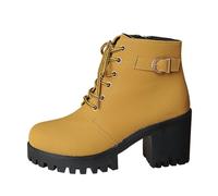 Generisch 2026 Talon épais Grande taille Style britannique Hiver Semelle épaisse Mode polyvalente Lacets avant Grande taille Bottes courtes pour femme, jaune, 35 EU