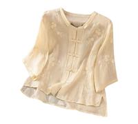 Generisch 2026 - Tempérament féminin, haut brodé en lin, manches mi-longues, bouton disque rétro et chemise en lin col montant chemisier, beige, L