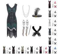 Generisch 20er Jahre Kostüm Damen mit Accessoires: Gatsby & Charleston Flapper Kleid Fransenkleid für Karneval und Fasching