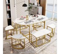 Generisch 308409410AA Ensemble de table de salle à manger avec six chaises en MDF blanc et cadre en fer plaqué or, tables et chaises de luxe modernes