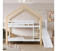 Generisch 30955960NAA Lit superposé avec toboggan et échelle d'angle à 3 niveaux, lit de maison avec protection anti-chute, cadre de lit en bois massif, blanc + naturel, 90 x 200 cm