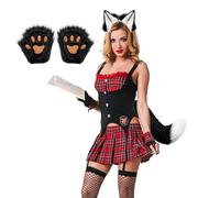 Generisch Accessoires de costume de loup, queue avec pince, boucles d'oreilles et gants en fourrure synthétique, facile à enfiler, pour scène, carnaval, cosplay