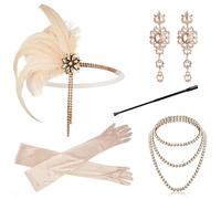 Generisch Accessoires des années 1920 - 5 pièces - Accessoires Gatsby - Costume Charleston 1920 - Avec bandeau, gants, collier, boucles d'oreilles - Ensemble de carnaval, beige, M