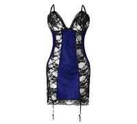 Generisch Avec 3 Dentelle Noir Lingerie Tanga Ensemble Vêtements de Nuit Robe de Nuit Dos Nu Pyjama Chemise de Nuit Translucide Body Vêtements de Nuit Lingerie, bleu, L