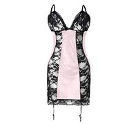 Generisch Avec 3 Dentelle Noir Lingerie Tanga Ensemble Vêtements de Nuit Robe de Nuit Dos Nu Pyjama Chemise de Nuit Translucide Body Vêtements de Nuit Lingerie, Rose, 3XL