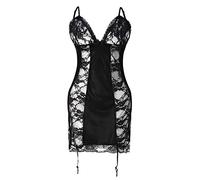 Generisch Avec 3 Dentelle Noir Lingerie Tanga Ensemble Vêtements de Nuit Robe de Nuit Dos Nu Pyjama Chemise de Nuit Translucide Body Vêtements de Nuit Lingerie, Noir , XL