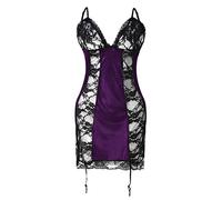 Generisch Avec 3 Dentelle Noir Lingerie Tanga Ensemble Vêtements de Nuit Robe de Nuit Dos Nu Pyjama Chemise de Nuit Translucide Body Vêtements de Nuit Lingerie, lilas, XL