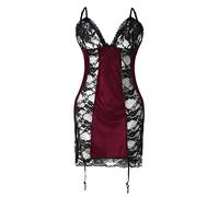 Generisch Avec 3 Dentelle Noir Lingerie Tanga Ensemble Vêtements de Nuit Robe de Nuit Dos Nu Pyjama Chemise de Nuit Translucide Body Vêtements de Nuit Lingerie, rouge, L