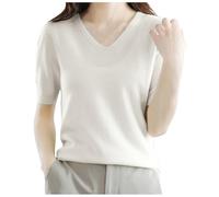 Generisch Bandeau Femme Hiver Jaune Pull à Manches Cinq Quarts Col en V Pull en Tricot Ample à Manches Demi-Longues, Haut à Manches Moyennes Pull Femme Grosse Maille, Blanc., M