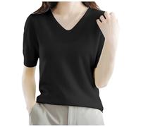 Generisch Bandeau Femme Hiver Jaune Pull à Manches Cinq Quarts Col en V Pull en Tricot Ample à Manches Demi-Longues, Haut à Manches Moyennes Pull Femme Grosse Maille, Noir , M
