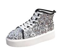 Generisch Baskets à paillettes pour femme - Chaussures mi-hautes à plateforme - Semelle épaisse - Années 80 - Disco - Carnaval - Antidérapantes - Chaussures à lacets originales - Bottes à paillettes