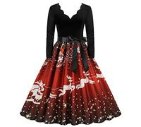 Generisch Belle robe femme manches longues col en V Noël années 1950 ménagère femme au foyer soirée bal fête robe de plage femme robe élégante été, Noir , XXL