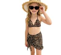 Generisch Bikini léopard, maillot de bain deux pièces pour grandes filles et adolescentes, haut à volants élégant et culotte taille haute, café, 10-11 ans