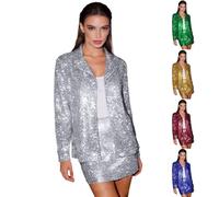 Generisch Blazer à paillettes pour femme - Tenue de Nouvel An - Jupe courte et blazer - Combinaison festive à paillettes - Longue veste de carnaval - Grandes tailles - Élégante veste de fête - Manteau