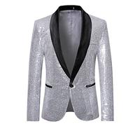 Generisch Blazer décontracté à paillettes pour homme pour spectacles sur scène, moderation, couleur unie, coupe élégante, spectacle glamour, veste polyvalente pour les événements, argenté, S
