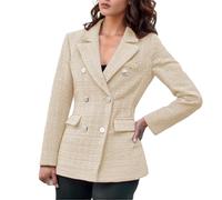 Generisch Blazer en tweed pour femme de style classique à double boutonnage - Veste bouclée élégante avec col à revers et poches à rabat - Veste de costume chic pour le travail et le quotidien