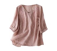 Generisch Blouse à manches bouffantes pour femme - Noir - En coton et lin - Boutonnière - Manches courtes - Col rond ample - Haut décontracté - Chemisier brodé - Pour moins de 5 femmes, lilas, M