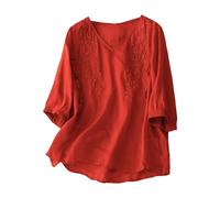 Generisch Blouse à manches bouffantes pour femme - Noir - En coton et lin - Boutonnière - Manches courtes - Col rond ample - Haut décontracté - Chemisier brodé - Pour moins de 5 femmes, rouge, L