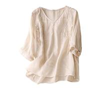 Generisch Blouse à manches bouffantes pour femme - Noir - En coton et lin - Boutonnière - Manches courtes - Col rond ample - Haut décontracté - Chemisier brodé - Pour moins de 5 femmes, beige, M