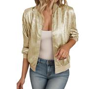 Generisch Blouson Bomberjacke femme court veste blouson manches longues veste légère à paillettes unie veste de loisirs automne veste de mi-saison brillante fête clubwear manteau streetwear, or, L